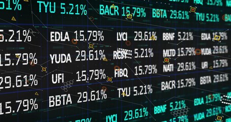 Image of stock market over data processing on black background
