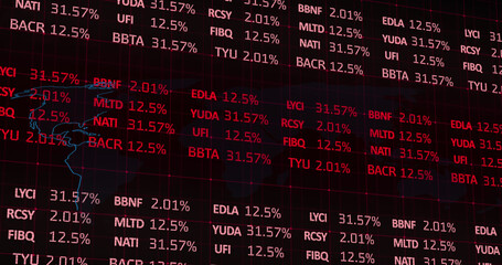 Image of stock market over world map on black background