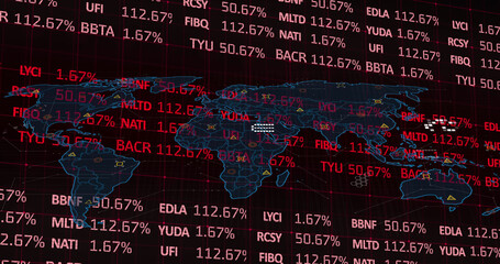 Image of stock market over world map on black background