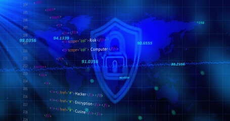 Obraz premium Security padlock and shield icon and stock market data processing over world map on blue background