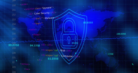 Security padlock and shield icon and stock market data processing over world map on blue background
