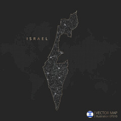 Israel map abstract geometric mesh polygonal light concept with black and white glowing contour lines countries and dots on dark background. Vector illustration eps10