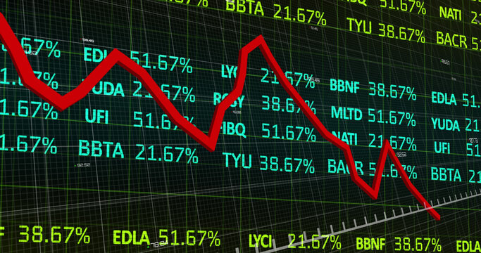 Digital image of red graph over stock market data processing against black background