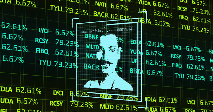 Image of stock market over people portraits icons on black background - Powered by Adobe