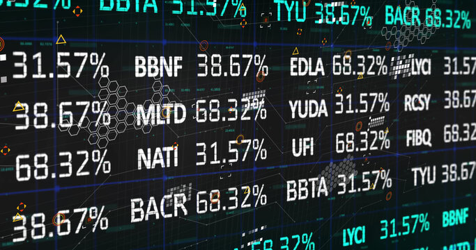 Image of stock market over data processing on black background