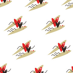 Hearts. Seamless pattern with red and brown hearts with graphic elements on a white background.