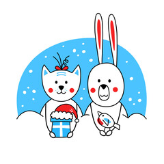 A rabbit and a cat are sitting in a snowdrift. The rabbit is holding a bullfinch. Cute stylized animals on a blue background. Vector illustration on the New Year theme.
