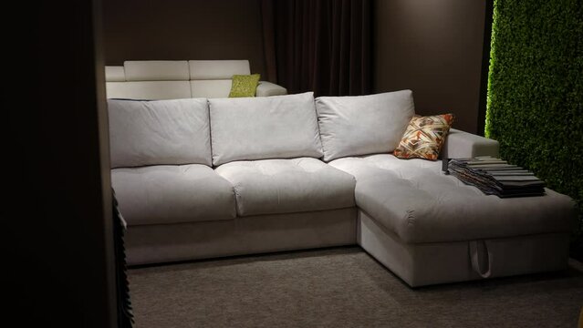 Elegant beige couches in furniture salon for sale wide shot. Modern new sofas in shop with no people. Black Friday sales and consumerism concept