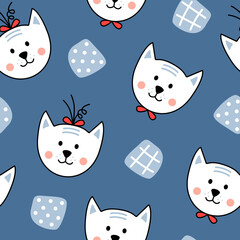 Funny kittens. Seamless vector pattern. Stylized cats with graphic elements on a blue background.