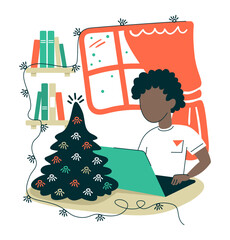 A male freelancer in a New Year's setting works at home at a computer. The apartment is decorated with garlands and a Christmas tree. Flat design vector illustration.