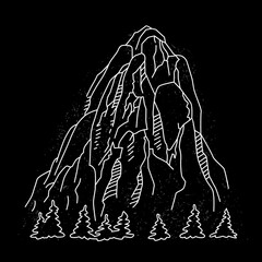 Mountain and trees. Drawn with a white line. Contour vector drawing on the theme of mountains and mountain tourism.