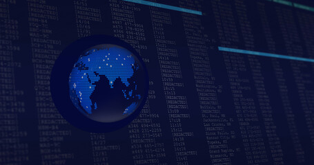 Image of globe over data processing on black background