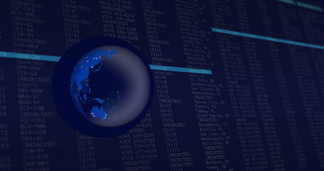 Image of globe over data processing on black background
