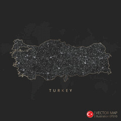 Turkey map abstract geometric mesh polygonal light concept with black and white glowing contour lines countries and dots on dark background. Vector illustration eps10