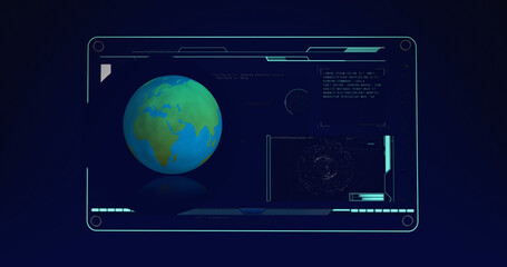 Image of globe over data processing on black background