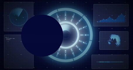 Image of globe over data processing with scope scanning on black background