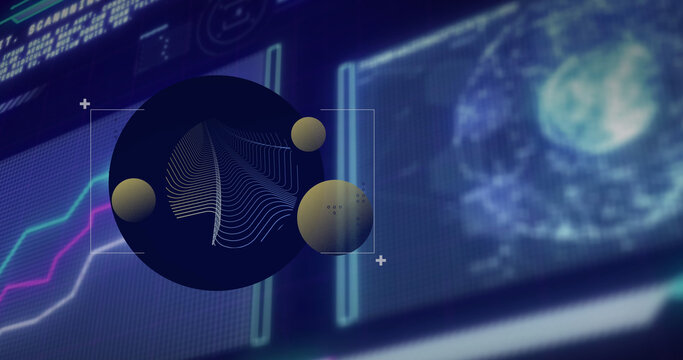 Image of shapes over data processing on black background