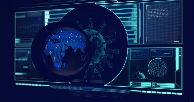Image of globe over data processing with virus cell on black background