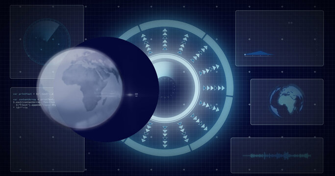 Image of globe over data processing with scope scanning on black background