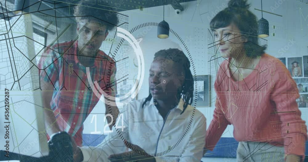 Poster Animation of data processing and globe over diverse colleagues discussing over computer at office