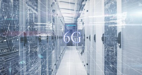 Animation of mathematical equations and data processing over 6g text against server room - Powered by Adobe