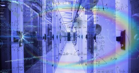 Animation of mathematical equations and data processing over rainbow lens flare against server room - Powered by Adobe