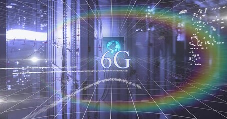 Animation of mathematical equations and data processing over rainbow lens flare against server room - Powered by Adobe