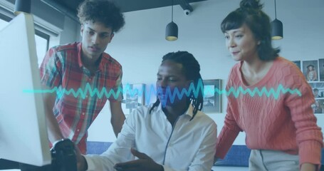 Animation of music equalizer over diverse colleagues discussing over computer at office - Powered by Adobe