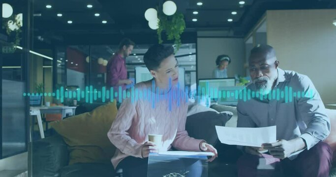 Animation of music equalizer over diverse male and female colleagues discussing at office