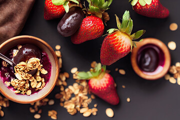 Açaí bowl with granola, tropical fruits, banana, strawberry, raspberry, condensed milk and...