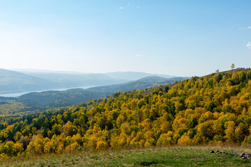 Obraz premium Autumn landscape. View of the forested hills. Siberian autumn forest.