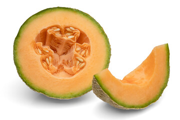 Fresh ripe canteloupe sliced in half isolated on a white background