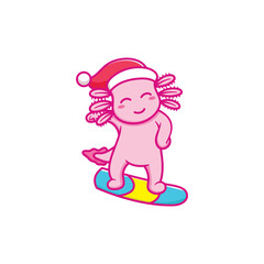 Cute axolotl design celebrating christmas and surfing
