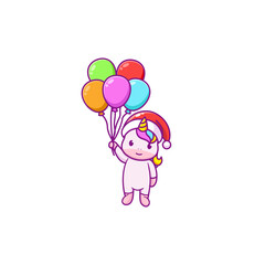 Cute unicorn celebrating christmas and holding balloons 