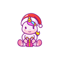 Cute Cartoon Unicorn with gifts in a Santa hat