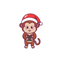 cute monkey celebrating christmas. Holding gift