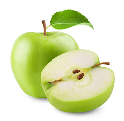 Apple isolated. Ripe green apple and half of an apple on a white background. Fresh fruits.