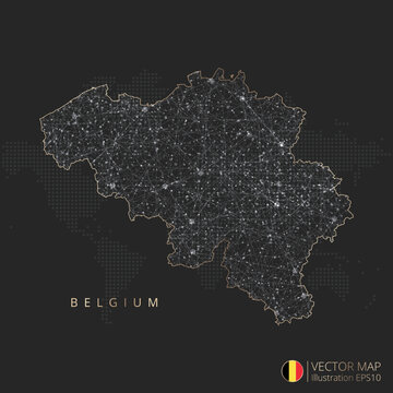 Belgium map abstract geometric mesh polygonal light concept with black and white glowing contour lines countries and dots on dark background. Vector illustration eps10