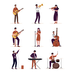 Fototapeta na wymiar Flat design of artists playing music instruments illustrations set. Illustration for websites, landing pages, mobile applications, posters and banners. Trendy flat vector illustration