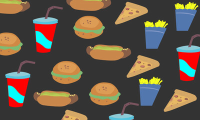 Cartoon seamless pattern with various American food, burger, hotdog, french fries,pizza. Vector illustration for wrapping paper, textile, fabric print.