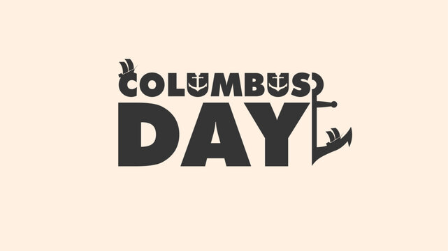 HAPPY COLUMBUS DAY Greeting card. Blue caravel on circle with blue waves and USA flags in the form of waves with the world map in gray colors with a compass in the background. Vector image