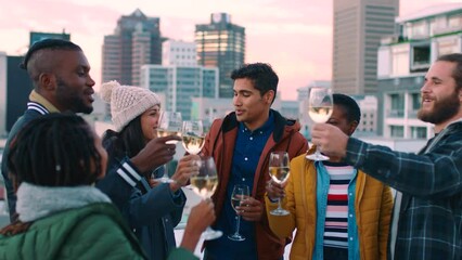 Toast, wine and friends take phone selfie to remember memory, celebrate at party event and enjoy fun quality time together. Diversity, rooftop celebration and group of people drink glass of alcohol - Powered by Adobe
