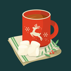 red chriistmas mug of hot coco with marshmallo