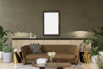 3D illustration Mockup blank photo frame in living room rendering