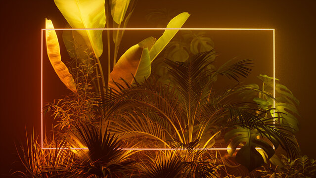 Tropical Leaves Illuminated with Yellow and Orange Fluorescent Light. Rainforest Environment with Rectangle shaped Neon Frame.