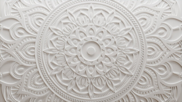 White Ornate Flower Wallpaper. Three-dimensional Diwali Celebration Concept. 3D Render.
