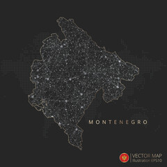 Montenegro map abstract geometric mesh polygonal light concept with black and white glowing contour lines countries and dots on dark background. Vector illustration eps10