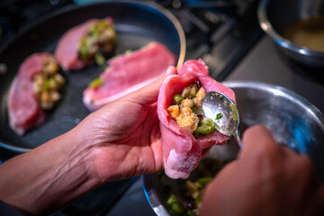 Making stuffed pork chop  filling with Cauliflower rice