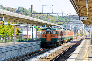 Naklejka premium Local train at Minakami JR Staion, Gunma prefecture, Kanto, Japan.