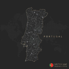 Portugal map abstract geometric mesh polygonal light concept with black and white glowing contour lines countries and dots on dark background. Vector illustration eps10